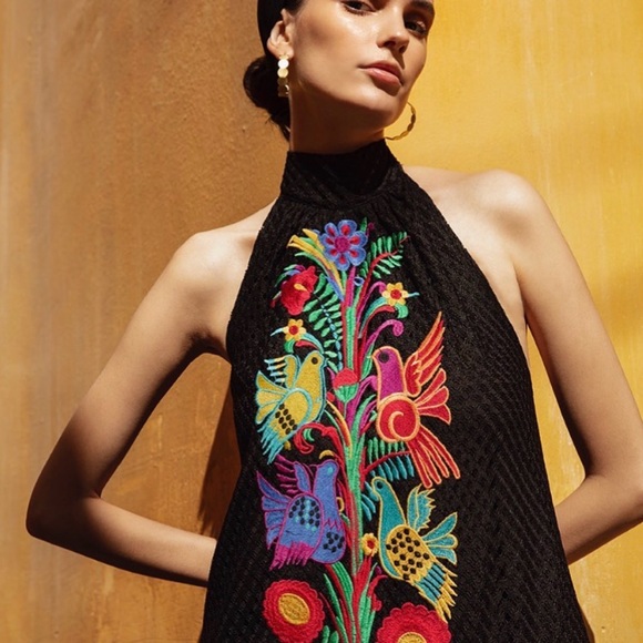 Judith March Dresses & Skirts - Judith March Black Embroidered Halter Maxi Dress Colorful Bird Floral Boho Size